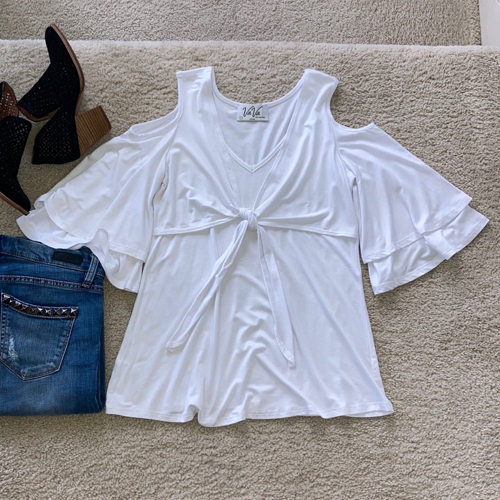 White Cold Shoulder Tie Front Top - Picture 9 of 14